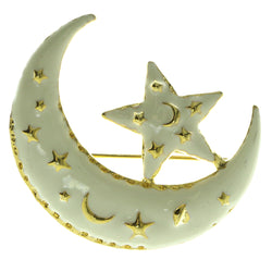 Moon And Stars Brooch-Pin Gold-Tone & White Colored #LQP242