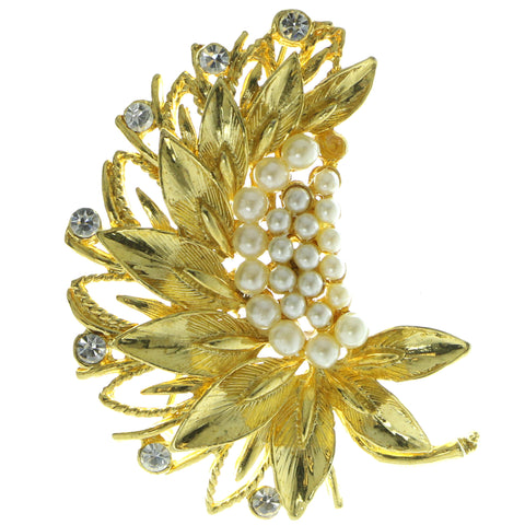 Gold-Tone & White Colored Metal Brooch-Pin With Bead Accents #LQP281