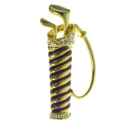 Golf Bag With Clubs Brooch-Pin With Crystal Accents Gold-Tone & Purple Colored #LQP283