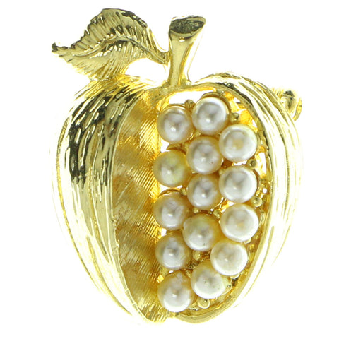 Apples Brooch-Pin With Bead Accents Gold-Tone & White Colored #LQP303