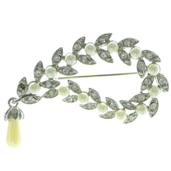 Silver-Tone & White Colored Metal Brooch-Pin With Bead Accents #LQP332