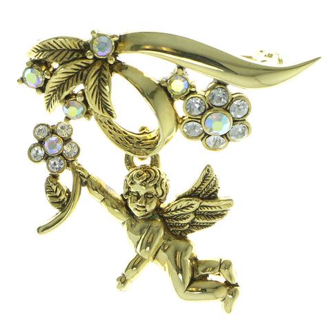 AB Finish Angel Brooch-Pin With Crystal Accents Gold-Tone & Multi Colored #LQP335