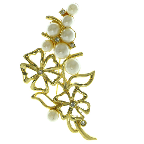 Flowers Brooch-Pin With Bead Accents Gold-Tone & White Colored #LQP359