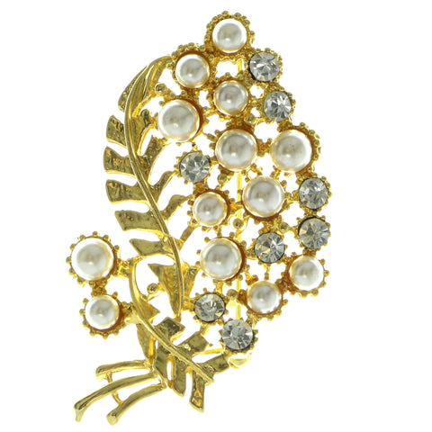 Bouquet Brooch-Pin With Crystal Accents Gold-Tone & White Colored #LQP360