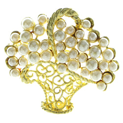 Flower Basket Brooch-Pin With Bead Accents Gold-Tone & White Colored #LQP361
