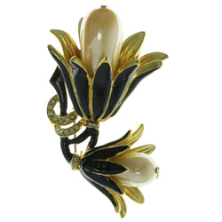 Flowers Brooch-Pin With Crystal Accents Gold-Tone & Black Colored #LQP368