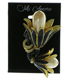 Flowers Brooch-Pin With Crystal Accents Gold-Tone & Black Colored #LQP368