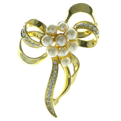 Bow Brooch-Pin With Bead Accents Gold-Tone & White Colored #LQP374