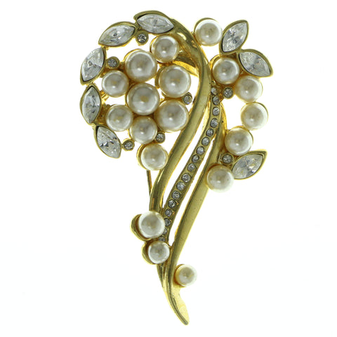 Gold-Tone & White Colored Metal Brooch-Pin With Crystal Accents #LQP376