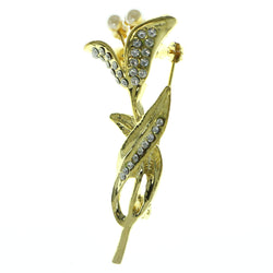 Flower Brooch-Pin With Crystal Accents Gold-Tone & White Colored #LQP380