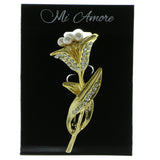 Flower Brooch-Pin With Crystal Accents Gold-Tone & White Colored #LQP380