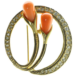 Flower Brooch Pin With Crystal Accents Gold-Tone & Peach Colored #LQP39