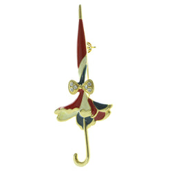 Umbrella Brooch-Pin With Crystal Accents Gold-Tone & Red Colored #LQP403