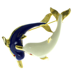 Two Dolphins Brooch-Pin With Crystal Accents Gold-Tone & Blue Colored #LQP406