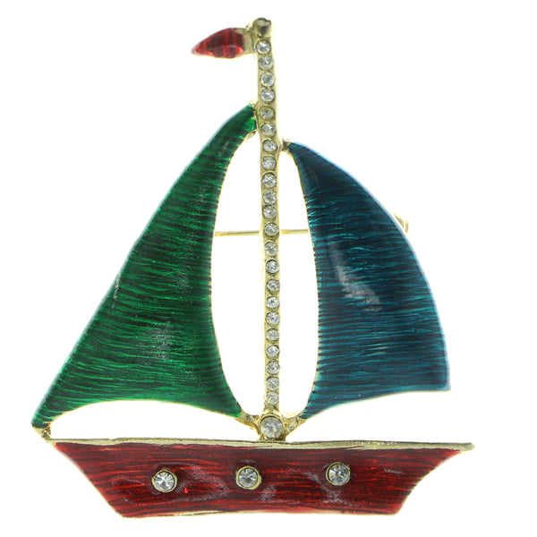 Sailboat Brooch-Pin With Crystal Accents Gold-Tone & Multi Colored #LQP411