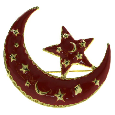 Moon And Star Brooch-Pin Gold-Tone & Red Colored #LQP440