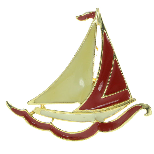 Sailboat Brooch-Pin Gold-Tone & Red Colored #LQP445