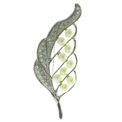 Feather Brooch-Pin With Bead Accents Silver-Tone & White Colored #LQP455