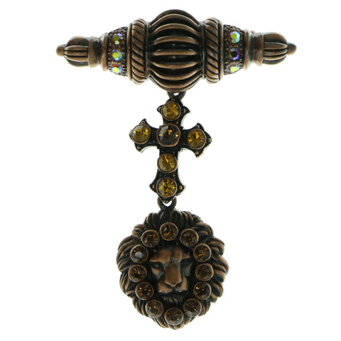 Lion Cross Brooch-Pin With Crystal Accents Brown & Yellow Colored #LQP474