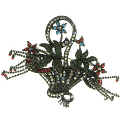 Flower Basket Brooch-Pin With Crystal Accents Brown & Multi Colored #LQP479