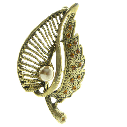 Leaf Brooch-Pin With Crystal Accents Gold-Tone & Yellow Colored #LQP481
