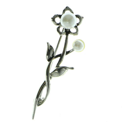 Flower Brooch-Pin With Bead Accents Silver-Tone & White Colored #LQP484