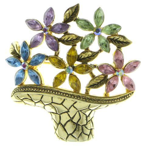Flower Pot Brooch-Pin With Crystal Accents Gold-Tone & Multi Colored #LQP487