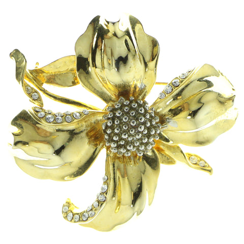 Flower Brooch-Pin With Crystal Accents Gold-Tone & Silver-Tone Colored #LQP506