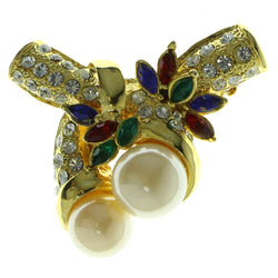 Gold-Tone & White Colored Metal Brooch-Pin With Crystal Accents #LQP510