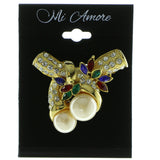 Gold-Tone & White Colored Metal Brooch-Pin With Crystal Accents #LQP510