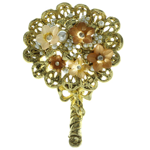 Flower Bouquet Brooch-Pin With Bead Accents Gold-Tone & Pink Colored #LQP511