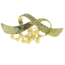 Gold-Tone & White Colored Metal Brooch-Pin With Crystal Accents #LQP523