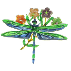 Dragonfly Flowers Brooch-Pin Silver-Tone & Multi Colored #LQP531
