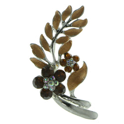 Flowers Brooch-Pin With Crystal Accents Silver-Tone & Brown Colored #LQP538