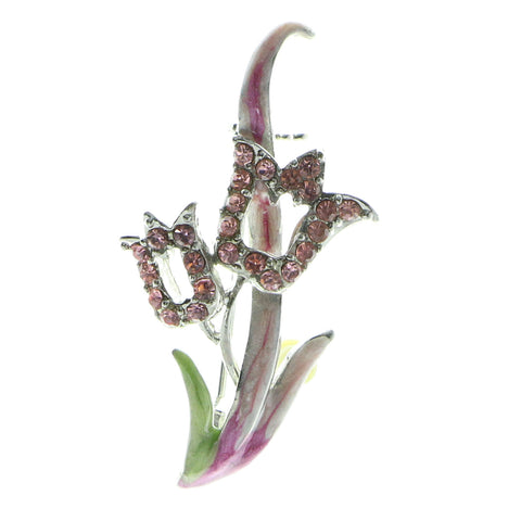 Tulips Brooch-Pin With Crystal Accents Silver-Tone & Pink Colored #LQP542