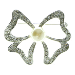 Bow Brooch-Pin With Crystal Accents Silver-Tone & White Colored #LQP551