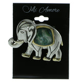 Elephants Brooch-Pin With Stone Accents Silver-Tone & Green Colored #LQP556