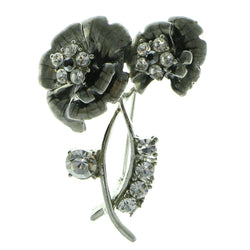 Roses Brooch-Pin With Crystal Accents Silver-Tone & Gray Colored #LQP582