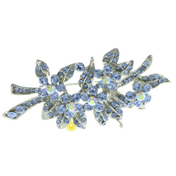 Flowers Brooch-Pin With Crystal Accents Silver-Tone & Blue Colored #LQP583