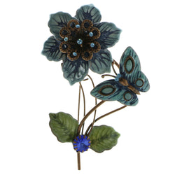 Flower Butterfly Brooch-Pin With Crystal Accents Brown & Blue Colored #LQP590
