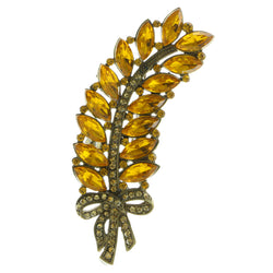 Feather Brooch-Pin With Crystal Accents Gold-Tone & Yellow Colored #LQP591