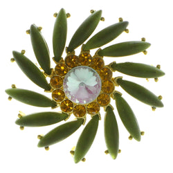 Flower Brooch-Pin With Crystal Accents Gold-Tone & Green Colored #LQP600