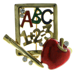 ABC 123 Teacher Brooch-Pin With Crystal Accents Gold-Tone & Red Colored #LQP611