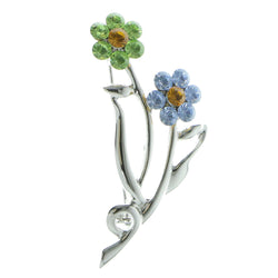 Flowers Brooch-Pin With Crystal Accents Silver-Tone & Multi Colored #LQP618