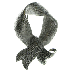 Ribbon Brooch Pin With Crystal Accents Silver-Tone & Black Colored #LQP61