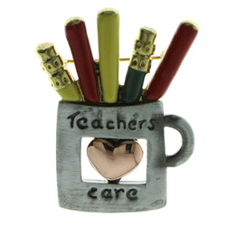 Mug Teacher Pencils Brooch-Pin Silver-Tone & Multi Colored #LQP626