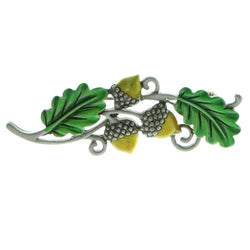 Acorns Brooch-Pin Silver-Tone & Green Colored #LQP640