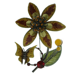 Flower  Butterfly Brooch-Pin With Crystal Accents Gray & Yellow Colored #LQP660