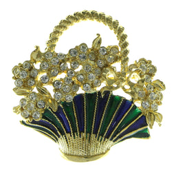 Flower Basket Brooch-Pin With Crystal Accents Gold-Tone & Multi Colored #LQP696
