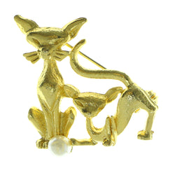 Cat Brooch-Pin With Bead Accents Gold-Tone & White Colored #LQP707